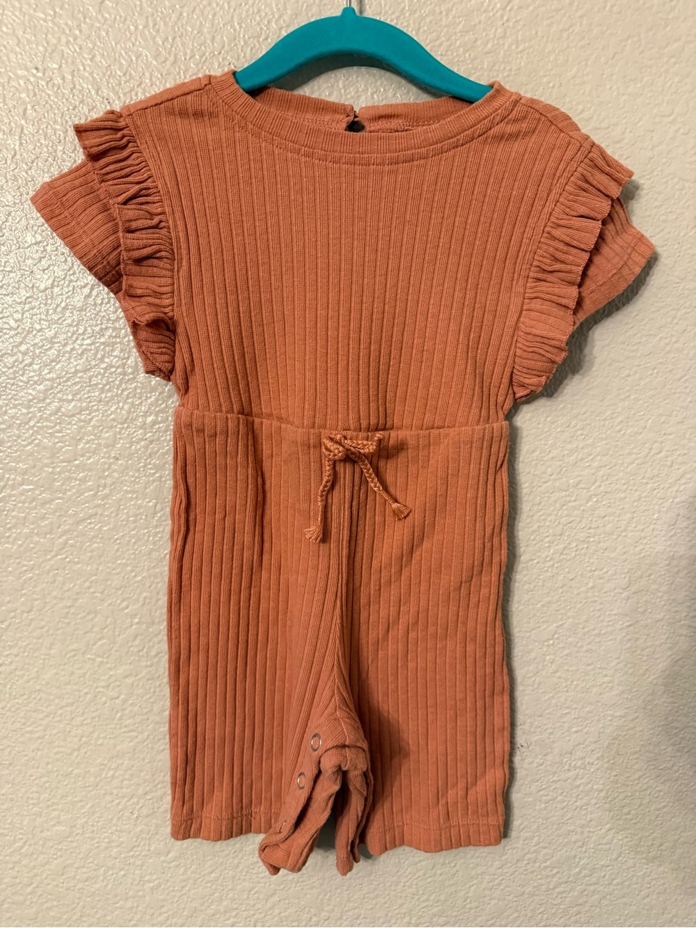 art class Rust Orange Ribbed Romper with Ruffle Sleeves